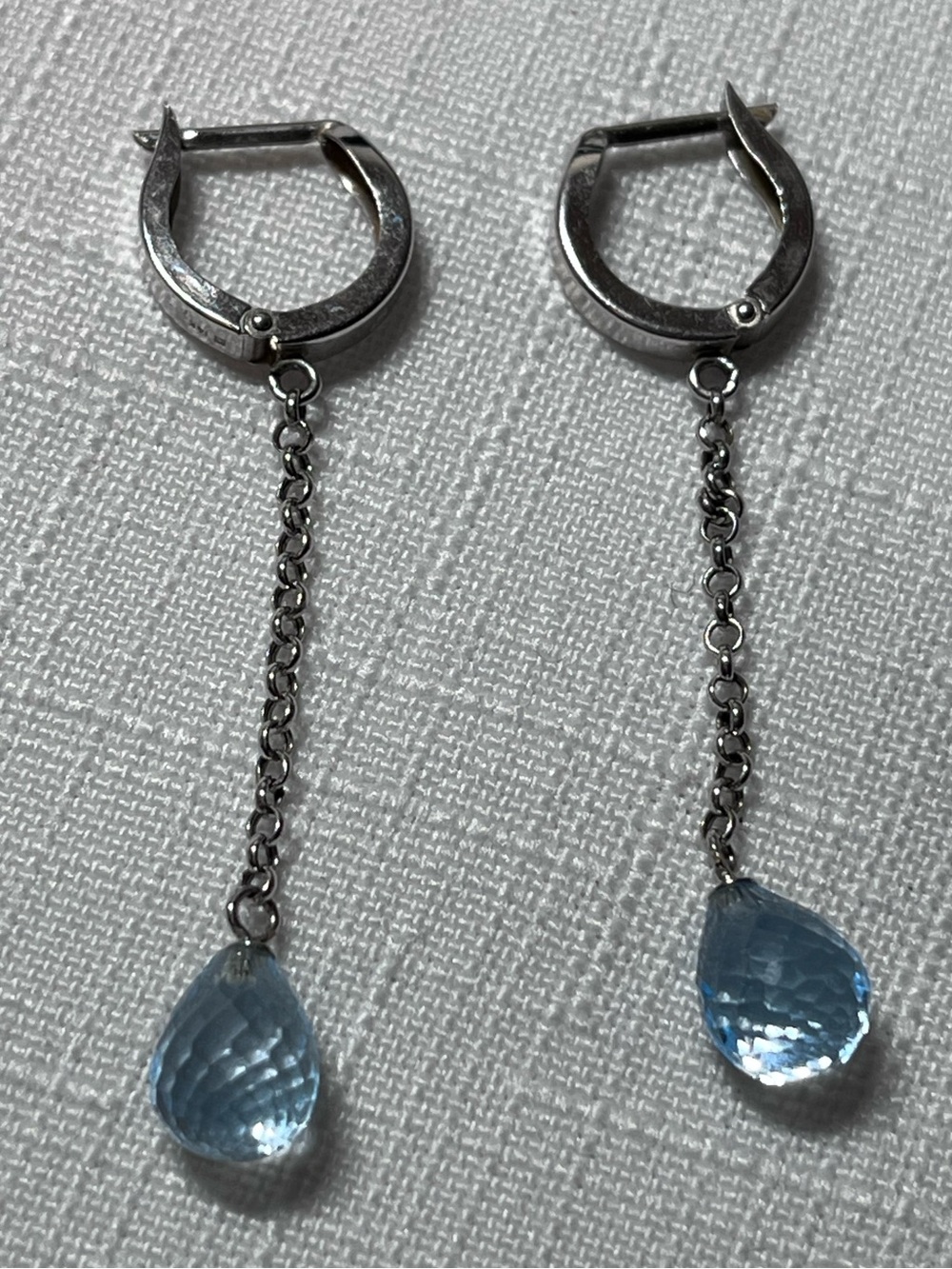 14k White Gold Light Blue Topaz Teardrop Chain Drop Earrings